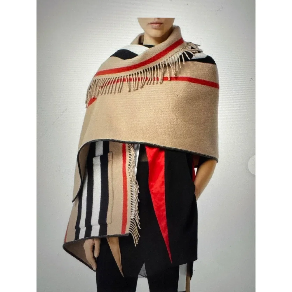 Burberry  Fringe Cape Poncho Wrap Shawl pockets stripes archive  beige wool NEW